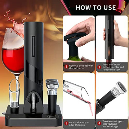 4-in-1 Electric Wine Opener Set, Pourer, Stopper, Storage Base & Cutter